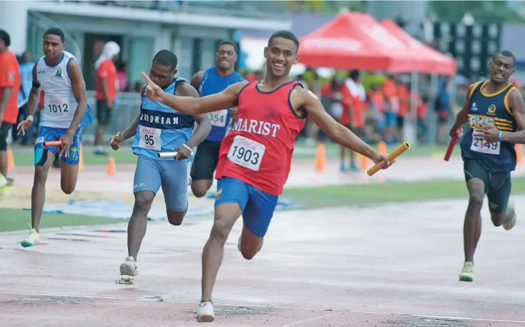  ?? Photo: Ronald Kumar ?? Marist Brothers High School’s Josefa Dinono celebrates after winning the senior boys 4x100 metres relay at the HFC Bank Stadium, Suva on April 29, 2023.