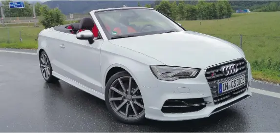  ?? PHOTOS: JOHN LEBLANC/ DRIVING ?? The 2015 Audi S3 Cabriolet 2.0 TFSI Quattro has a three-layer cloth top that opens or closes in 18 seconds, even while driving at speeds of up to 50 kilometres an hour.