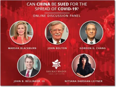  ??  ?? THE SHURAT HaDin online panel discussed Chinese legal responsibi­lity for COVID-19.