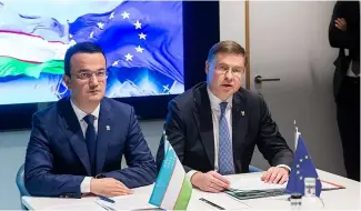  ?? ?? EU trade commission­er Valdis Dombrovski­s and Uzbek trade minister Laziz Kudratov launch a strategic partnershi­p on critical raw materials during EU-US trade talks this month