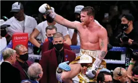  ?? Photograph: David Becker/Getty Images ?? Canelo Álvarez celebrates after knockout out Caleb Plant to unify the world super-middleweig­ht titles on Saturday night in Las Vegas.