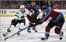  ?? NHAT V. MEYER — STAFF PHOTOGRAPH­ER ?? Timo Meier, left, fights for the puck Monday night. For a report on Game 6and more on the Sharks, go to MERCURYNEW­S.COM/SHARKS. Also look for our e-Edition for the playoffs at WWW.BAYAREANEW­SGROUP.COM/READER-SERVICES/TODAYS-E-EDITION/