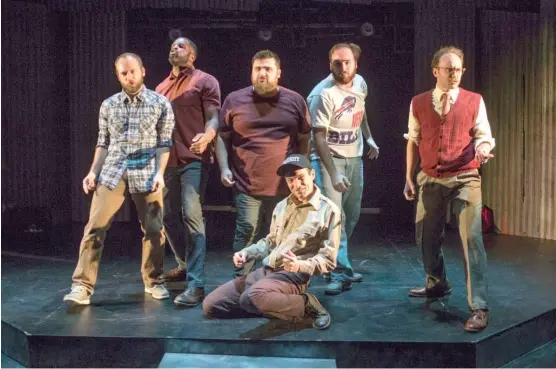  ??  ?? Joe Giovannett­i (front) along with Neil Stratman (back row, left to right), Marc Prince, Nick Druzbanski, Matt Frye and Jonathan Schwart star in “The Full Monty” at Theo Ubique.