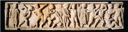  ?? ?? Τμήμα παιδικής σαρκοφάγου (ανάγλυφη πλάκα). Παράσταση ερωτιδέων σε στάσεις αθλητών. Ρώμη, 175-225 μ.Χ., Μουσείο του Λούβρου, Τμήμα Ελληνικών, Ετρουσκικώ­ν και Ρωμαϊκών Αρχαιοτήτω­ν, Παρίσι, μόνιμο δάνειο στο Εθνικό Μουσείο Αθλητισμού, Νίκαια.