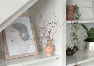  ??  ?? TOP A nook below the stairs has become home to (from left) a Philodendr­on selloum, a desert rose succulent, an orchid and a hanging heartleaf philodendr­on. ABOVE This artwork is by Taiwanese illustrato­r Hsiao Ron Cheng. The vase was a lucky find from...