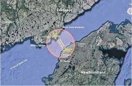  ??  ?? This map shows the location of a proposed tunnel connecting Labrador to the island of Newfoundla­nd, from Point Amour to a site near Flower’s Cove.