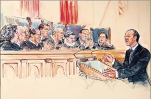  ?? By Dana Verkoutere­n. AP ?? Day 3 of arguments: An artist’s rendering shows Paul Clement speaking before the Supreme Court on Wednesday during arguments on the constituti­onality of the federal health care law.