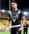  ??  ?? A dispirited Shaun Johnson trudges off Westpac Stadium after the Kiwis’ loss to Fiji.