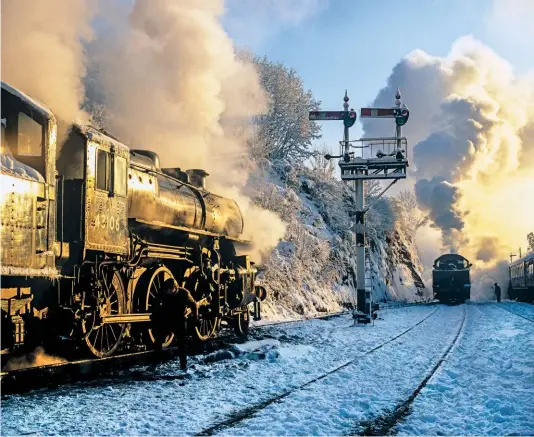  ??  ?? Snow was something of a Skelly specialism, as seen on the previous spread and on the Tail Lamp page of SR508. Ivatt ‘Moguls’ Nos. 43106 and 46521 are made ready for the first trains of a gloriously clear, still and crisp December 12 1981 at Bewdley on the Severn Valley Railway.