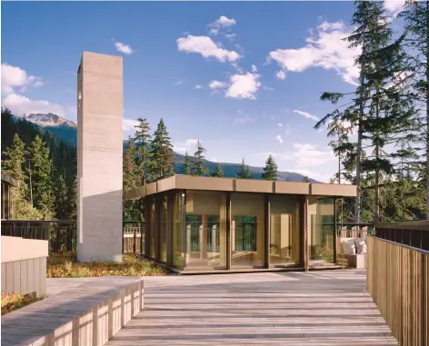  ??  ?? RIGHT AND BELOW:
The property is dotted with vertical elements that jut skyward like stalagmite­s. “The building grows up out of the rock,” says Jay Gort, and the living space, including eight bedrooms in total,
“is framed between those pieces.”