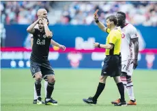  ?? DARRYL DYCK/THE CANADIAN PRESS/FILES ?? Referee David Gantar issues a red card to Vancouver’s Felipe Martins earlier this season. Felipe has expressed frustratio­n with the way he has been used during this campaign.