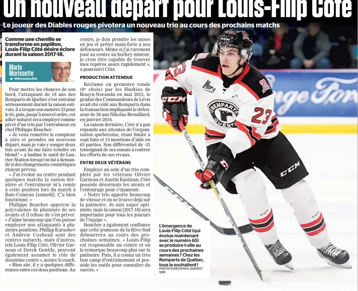  ?? PHOTO D’ARCHIVES, AGENCE QMI ?? L’émergence de Louis-filip Côté (qui évolue maintenant avec le numéro 65) se produira-t-elle au cours des prochaines semaines ? Chez les Remparts de Québec, tous le souhaitent !