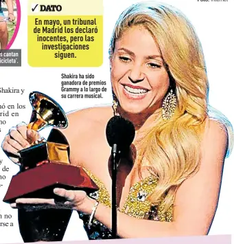  ?? Foto: Internet ?? Shakira ha sido ganadora de premios Grammy a lo largo de su carrera musical.