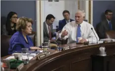  ??  ?? House Rules Committee Chairman Pete Sessions, R-Texas (right), confers with Rep. Louise Slaughter, D-N.Y., the top Democrat, as the panel meets early Wednesday to approve some procedural correction­s in the final version of the Republican tax bill, on...