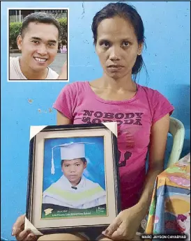  ?? MARC JAYSON CAYABYAB ?? Michelle Pineda holds a photo of her son, Aldrinne, who was set to graduate at Gen. Vicente Lim Elementary School when he was shot dead on March 2, allegedly by Police Officer 2 Omar Malinao (inset).