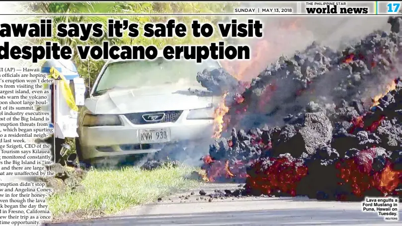  ?? REUTERS ?? Lava engulfs a Ford Mustang in Puna, Hawaii on Tuesday.