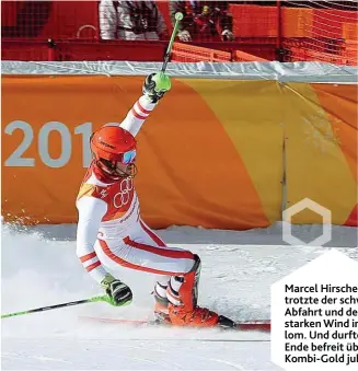  ??  ?? Marcel Hirscher trotzte der schweren Abfahrt und dem starken Wind im Slalom. Und durfte am Ende befreit über Kombi- Gold jubeln.