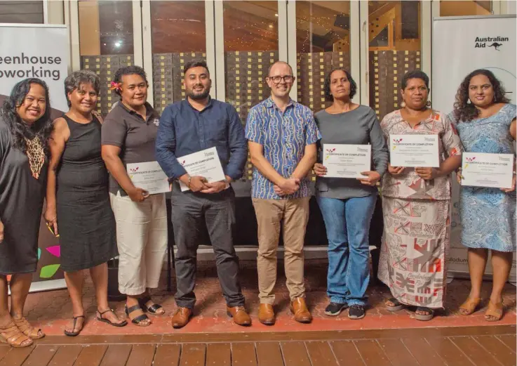  ?? ?? Green Business Bootcamp first cohort of graduates together with Greenhouse Coworking founder Maria Ronna Luna Pastorizo-Sekiguchi (left), Market Developmen­t Facility and the Australian High Commission’s Counsellor Andrew Shepherd (fifth from left).