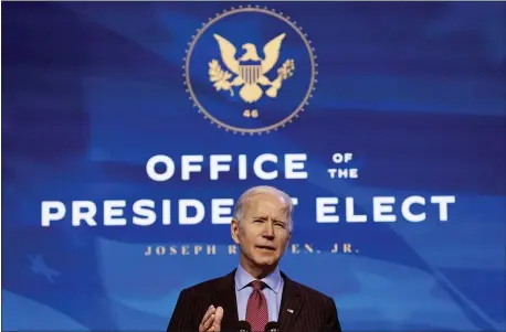  ?? SUSAN WALSH — THE ASSOCIATED PRESS ?? President-elect Joe Biden speaks during an event at The Queen theater in Wilmington, Del., Friday, Jan. 8, 2021, to announce key administra­tion posts.