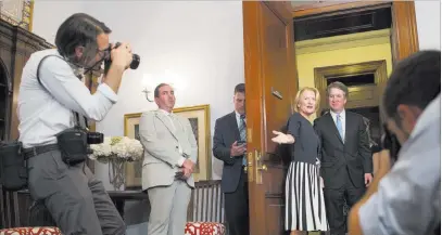  ?? Cliff Owen ?? The Associated Press Sen. Shelley Moore Capito, R-W.VA., welcomes Supreme Court nominee Brett Kavanaugh to her office suite Thursday.