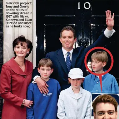  ??  ?? Blair rich project: Tony and Cherie on the steps of Downing Street in 1997 with Nicky, Kathryn and Euan (circled and inset as he looks now)
