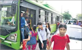  ?? SUSHIL KUMAR/HT PHOTO ?? The first batch of about 300 out of 2,000 buses were supposed to hit the road between September and November this year, but the roll out is likely to be either delayed or scrapped.