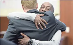  ?? JOSH EDELSON/POOL PHOTO VIA AP ?? Plaintiff Dewayne Johnson, facing camera, hugs one of his lawyers after a San Francisco jury awarded him $289 million Friday.