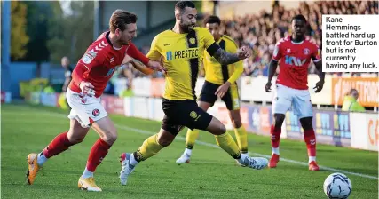  ?? ?? Kane Hemmings battled hard up front for Burton but is not currently having any luck.