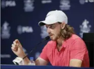  ?? DARRON CUMMINGS — THE ASSOCIATED PRESS ?? Tommy Fleetwood, of England, responds to a question during a news conference at the PGA Championsh­ip golf tournament at Bellerive Country Club, Wednesday in St. Louis.