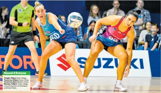  ?? Photo / Photosport ?? Michaela Sokolich-Beatson (left) and the Northern Mystics started their ANZ Premiershi­p season with a 26-goal win over Eseta Autagavaia and the Southern Steel.