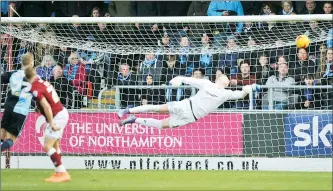  ??  ?? BEATEN: Wycombe keeper Ryan Allsop, can’t keep out Danny Rose’s effort