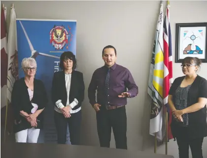  ?? BRANDON HARDER ?? June Draude, consultant with the Autism Research Centre, from left, Keely Wight, centre executive director, Cadmus Delorme, chief of Cowessess First Nation, and Jeanelle Mandes, mother to a child with autism, attend a news conference Friday about a project to identify and examine autism on the First Nation. The three-year, $500,000 pilot project aims to create support systems tailored for the Indigenous community.