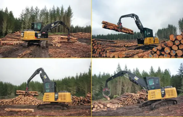  ??  ?? Top left: The new Cat 538 LL takes over from the 320DFM and sits on a wider track base,
Top right: Greater lift and slew are among the improvemen­ts seen in the Cat 538 LL.
Above left: Tall cab provides a good view of the skid site – a rear entry...