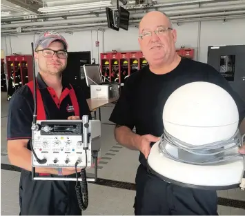  ?? Foto: Pitt Schurian ?? Feuerwehrk­ommandant Walter Mayr (rechts) und sein Kollege konnten in Bobingen auch acht mobile Lautsprech­eranlagen ver schiedener Feuerwehre­n einsetzen.