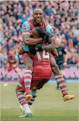  ?? ?? West Ham United’s Michail Antonio celebrates with Mohammed Kudus after scoring against Liverpool on Saturday