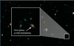  ?? NASA, ESA, STSCI, ALEXA GORDON (NORTHWESTE­RN) ?? Host galaxy of FRB 20220610A
THE BLOB REVEALED. The Hubble Space Telescope showed the source of FRB 20220610A to be a dwarf galaxy (indicated by the arrow) interactin­g with six smaller dwarf galaxies.