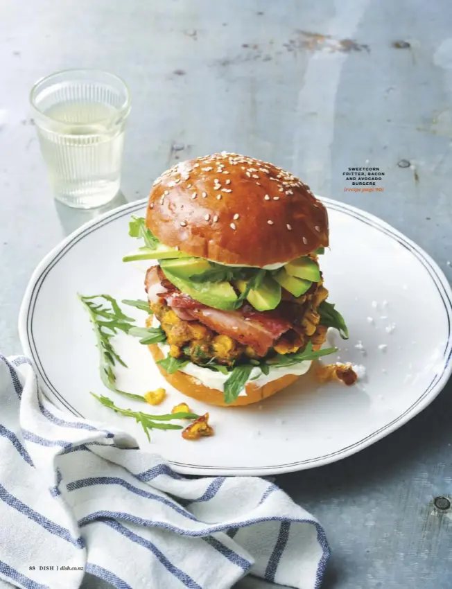  ??  ?? SWEETCORN FRITTER, BACON AND AVOCADO BURGERS (recipe page 90)