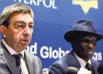  ?? African News Agency(ANA) ?? INTERPOL panellist Paul Stranfield and Minister of Police Bheki Cele at the Interpol 2nd Global Drugs and Illicit Substances Traffickin­g Conference at The Westin hotel yesterday. | PHANDO JIKELO