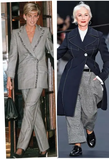  ??  ?? Princess Diana: Fabulous in a Prince of Wales Dior trouser suit in July 1997. It’s one of the few checks she wore Helen Mirren: She loved her Paris catwalk moment in a Victorian-themed dress-coat teamed with mannish check trousers