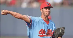  ??  ?? Will Ethridge threw a career-high 6.2 innings of relief and tied a career high with 10 strikeouts against Auburn Saturday night. PETRE THOMAS/OLE MISS ATHLETICS