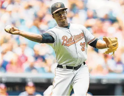  ?? JASON MILLER/GETTY IMAGES ?? Orioles 24-year-old rookie Yefry Ramírez went through a five-start stretch in which he posted a 12.27 ERA and was jettisoned to the bullpen, where he has since flourished. He recorded three scoreless innings against the New York Yankees in Sunday’s 5-3 loss.