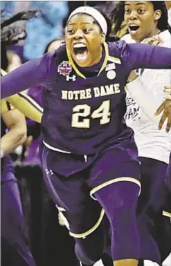  ?? AP ?? Notre Dame’s Arike Ogunbowale (24) is pumped after nailing 3-pointer to win national title.