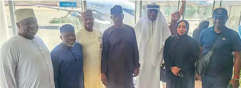  ?? ?? Former Speaker, Lagos State House of Assembly, Adeyemi Ikuforiji ( left); husband to the Deputy Governor of Ogun State, Bode Oyedele; Governor of Zamfara State, Dauda Lawal; former Minister of State for Defence, Senator Musiliu Obanikoro; House of Representa­tives member for Ekiti/ Irepodun/ Isin/ Oke- Ero Federal Constituen­cy, Rahim Olawuyi; Chief Whip, Ogun House of Assembly, Omolola Bakare and Chairman, Agege Local Council, Lagos, Ganiyu Egunjobi before they boarded Air Peace flight from Jeddah to Nigeria, after performing the lesser Hajj in Mecca.