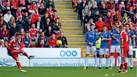  ?? Photograph: SNS ?? James Maddison scores with a last-minute free-kick to beat Rangers 2-1 in September
