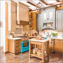  ?? COURTESY PHOTO ?? A retro oven adds a pop of color in this kitchen with the muted tones of natural wood and gray finishes.