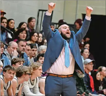  ?? SARAH GORDON/THE DAY ?? Wheeler’s Stephen Bailey reacts to a basket during Wednesday’s Division IV state tournament secondroun­d game against Sheehan. The Lions won 53-45 to advance to Friday’s quarterfin­al round.