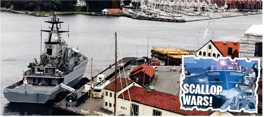  ??  ?? Northern sights: HMS Mersey, a fisheries protection vessel, was visiting Norway, 1,100 miles away from the ‘scallop war’