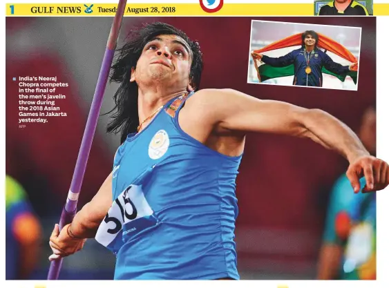  ?? AFP ?? India’s Neeraj Chopra competes in the final of the men’s javelin throw during the 2018 Asian Games in Jakarta yesterday.