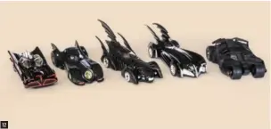  ??  ?? 12. BATS
Five generation­s of Batmobile movie cars by Hot Wheels