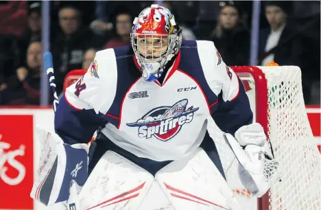  ?? DENNIS PAJOT/GETTY IMAGES ?? Canucks prospect Michael DiPietro, currently a member of the Windsor Spitfires, is projected to be one of the goaltender­s for Team Canada at the IIHF World Junior Championsh­ip, which takes place Dec. 26 to Jan. 5 at Rogers Arena and Save-On-Foods Memorial Centre.